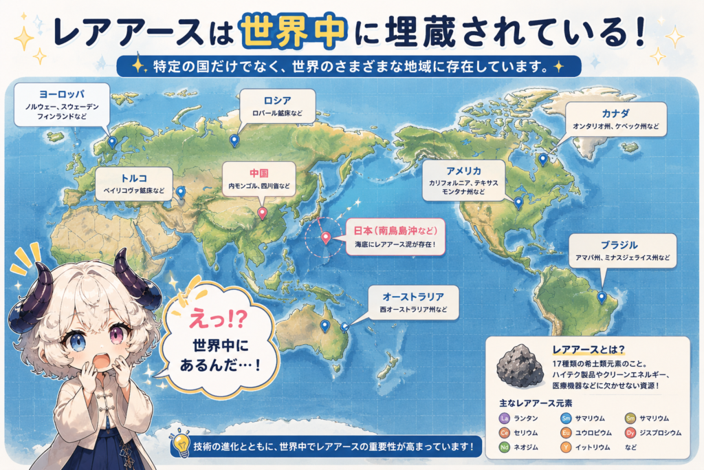 レアアースが埋蔵されている地域を示す世界地図