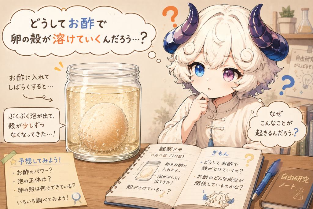 卵の殻がなぜ溶けるのか？疑問に思う図