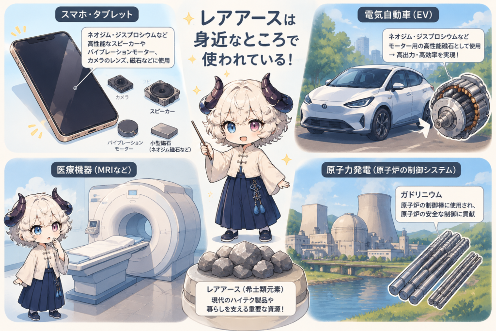 ネオジムやジスプロシウムなどレアアース17種類と身近な製品での用途を示す図