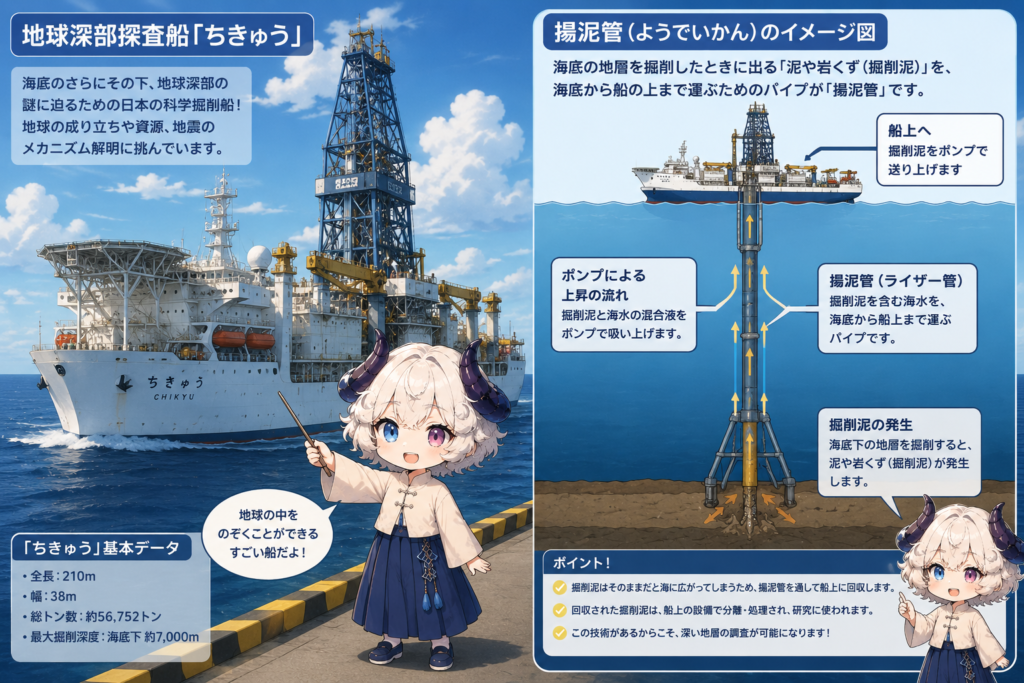 地球深部探査船「ちきゅう」の画像、揚泥管のイメージ図