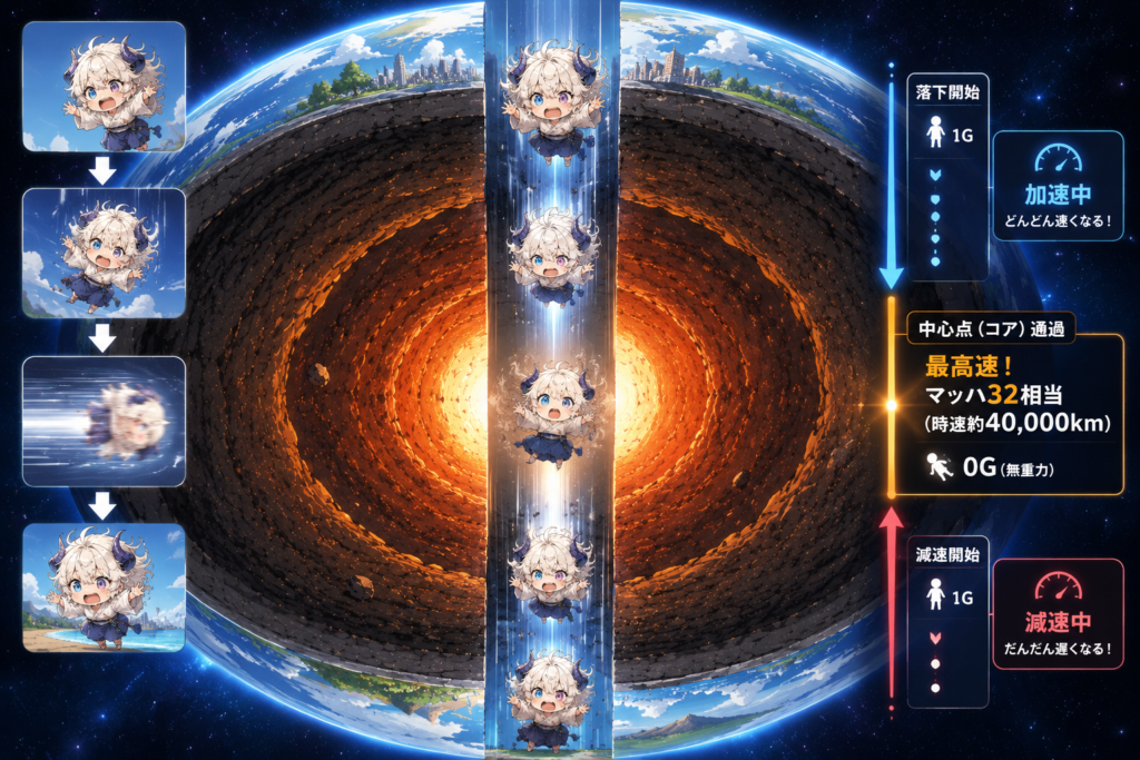 地球を貫通する穴を落下するイメージ図。地球の中心で時速約4万km（マッハ32相当）に達し、反対側へ向かう様子を表現。