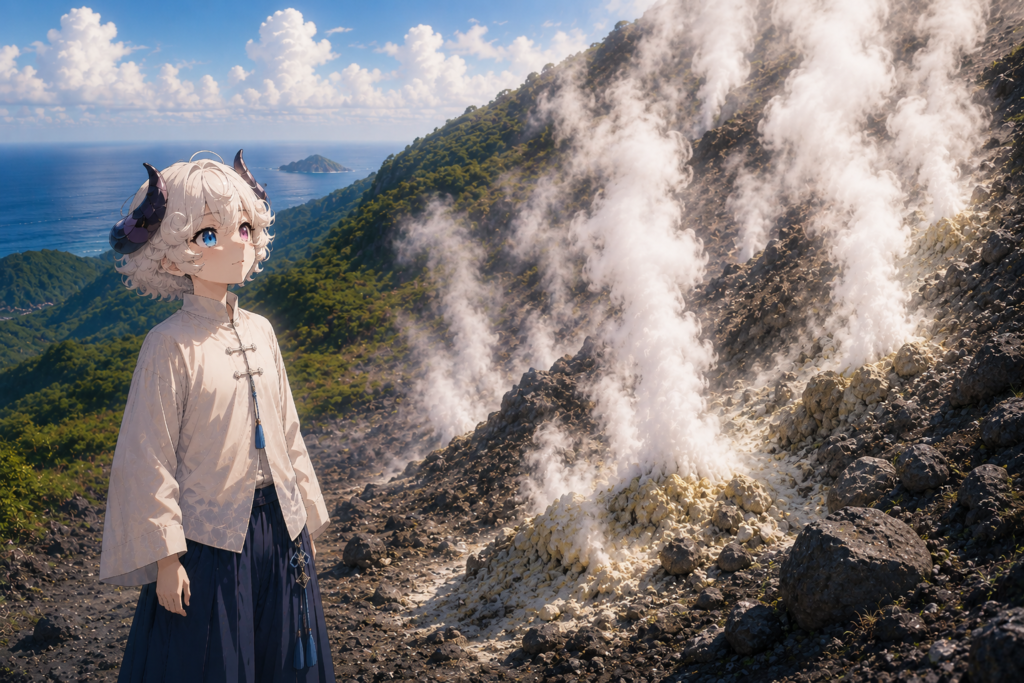 丸山の斜面にある噴気孔から立ちのぼる水蒸気