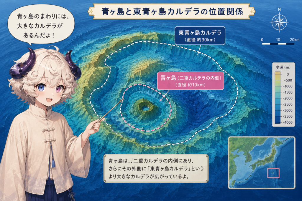 青ヶ島と東青ヶ島カルデラの位置関係を示した海底地形図