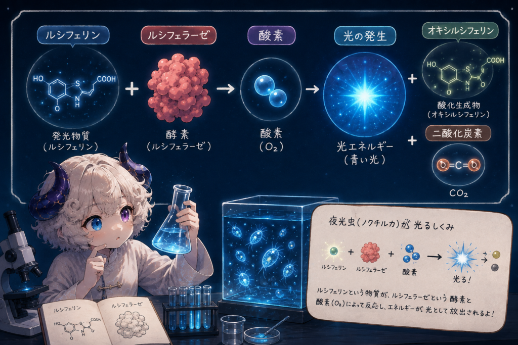 ルシフェリンとルシフェラーゼの発光反応の仕組み図