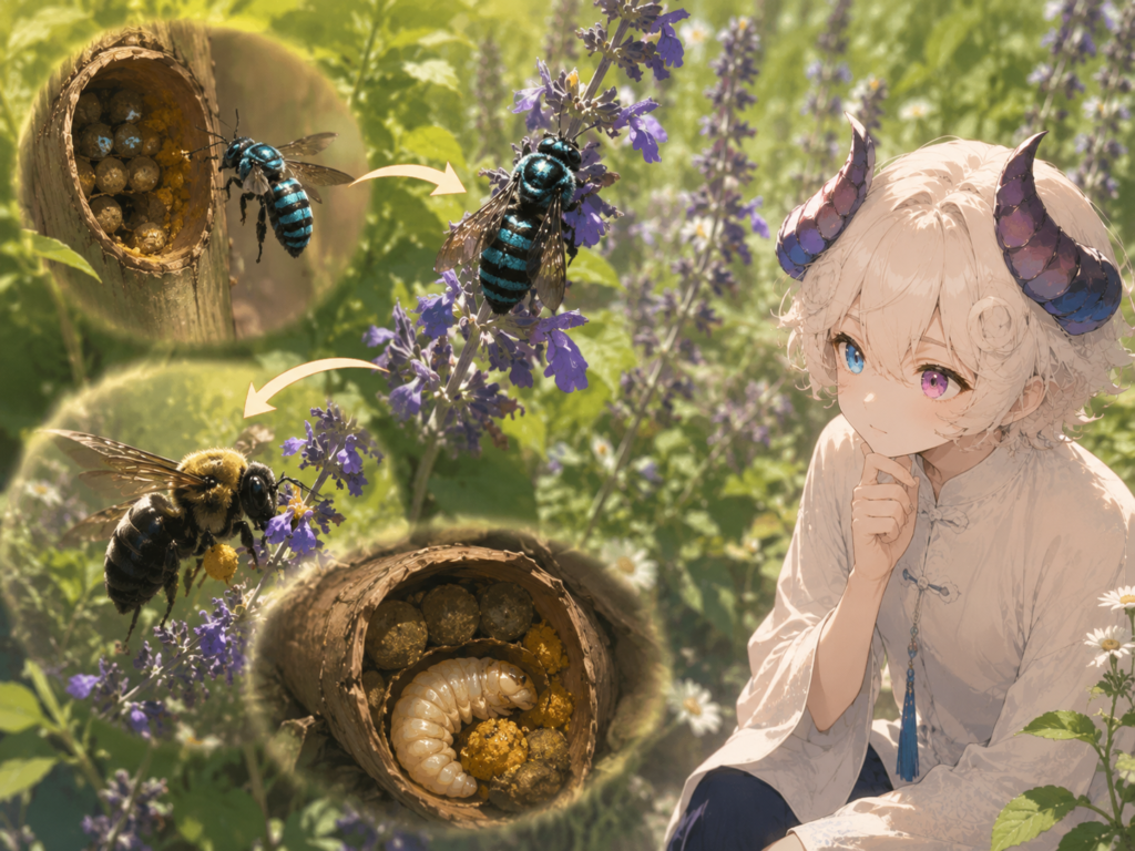 ブルービーが他のハチの巣を利用する様子を描いたイラスト
