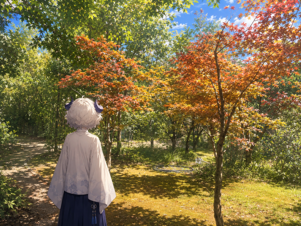 真夏の庭で紅葉している一角