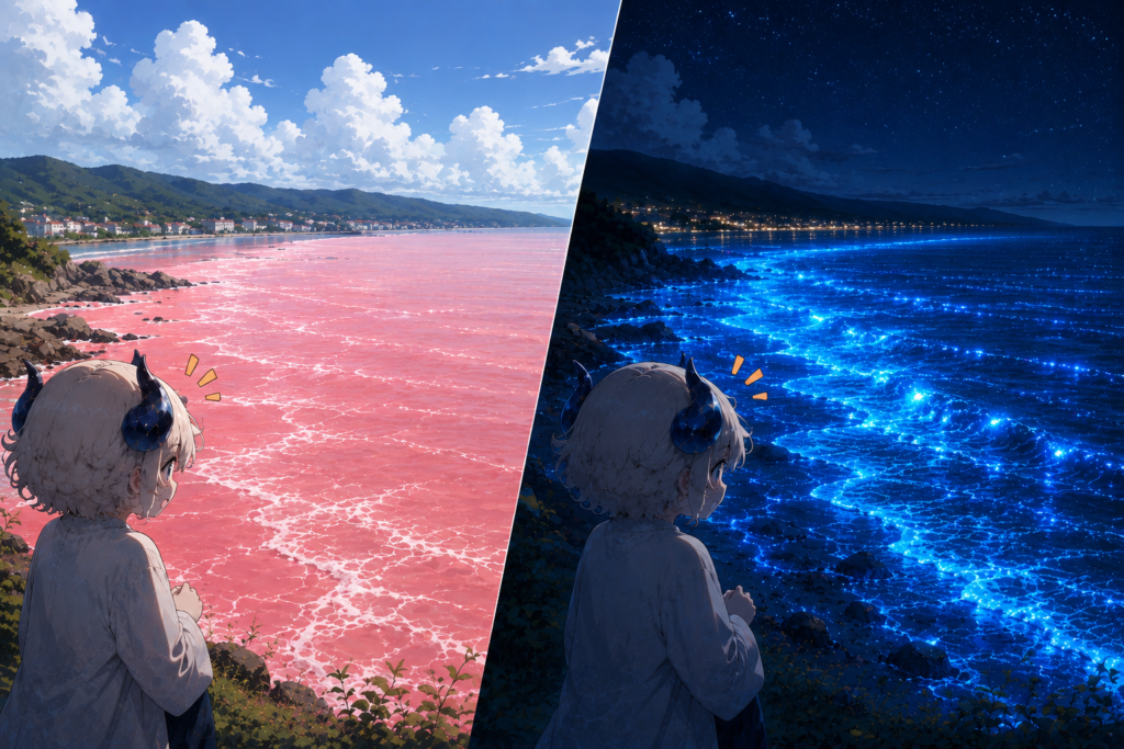 赤潮でピンク色に染まった海面