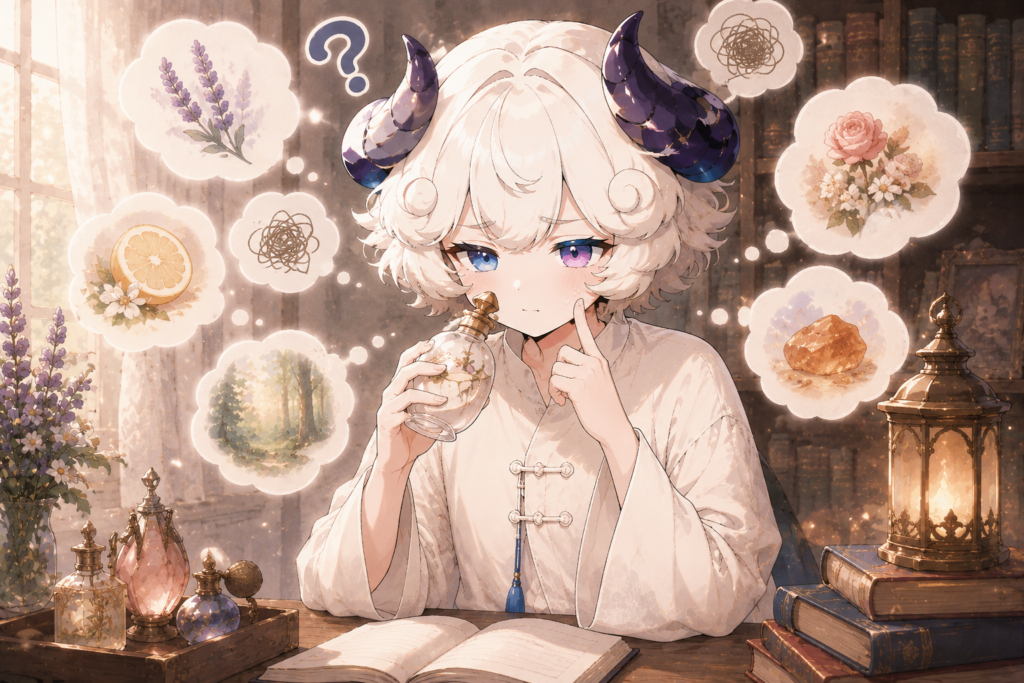 香りを言葉にしようとして困っている人のイラスト