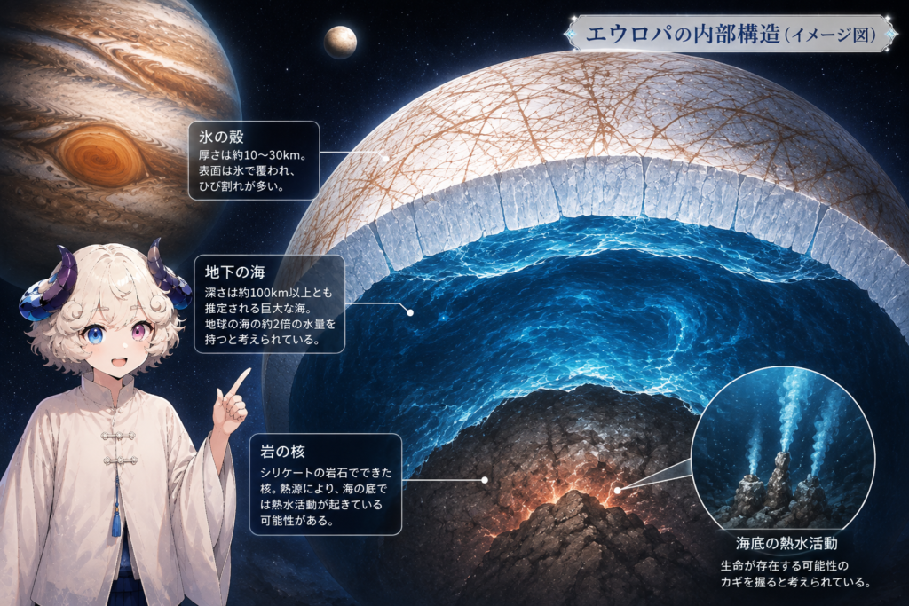 エウロパの氷と内部の海の断面構造を示すイラスト