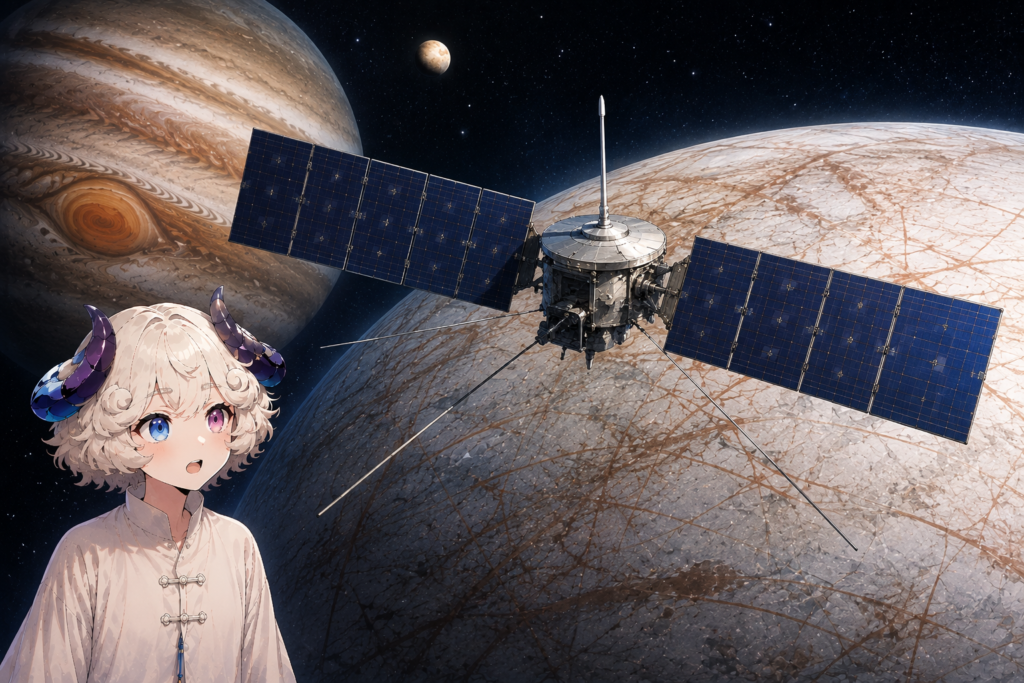 木星の前を飛ぶ探査機エウロパクリッパーの想像図