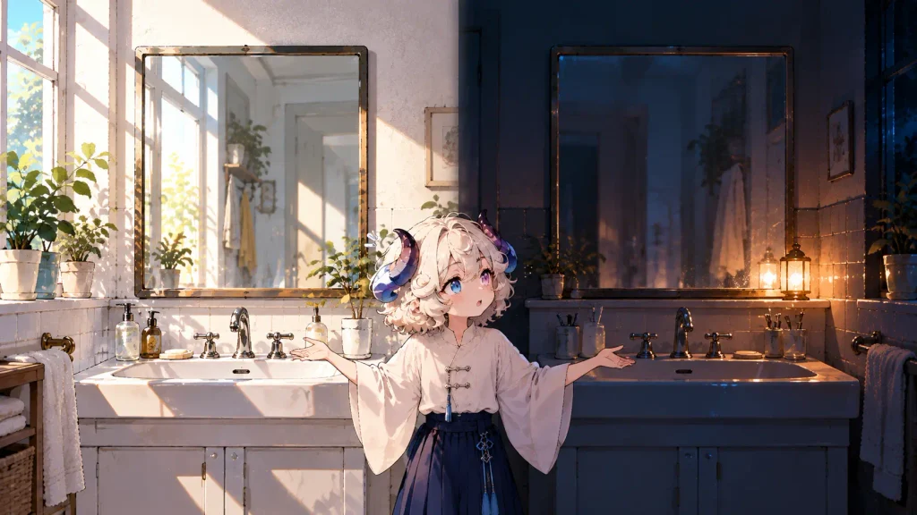同じ洗面所を昼と夜で並べた写真。昼は影が濃く、夜は明暗の差が小さい