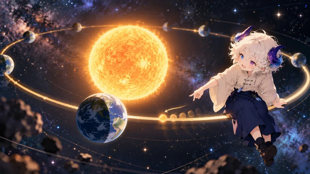 太陽のまわりを回る地球が、秋分の位置を毎年少しずつ遅れて通る様子