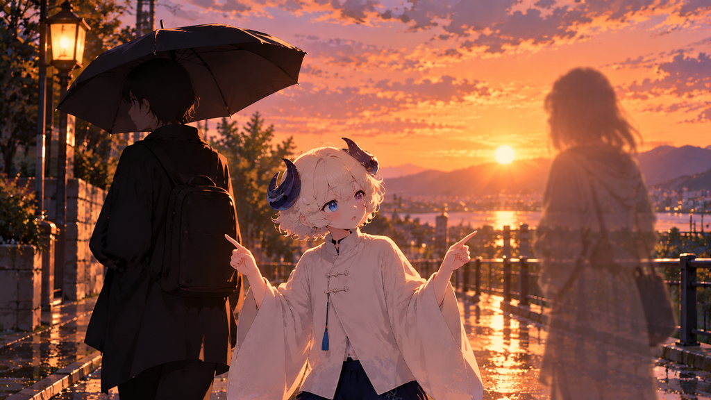 夕暮れの見晴らし台に立つ羊さんと、輪郭のはっきりしない2つの人影