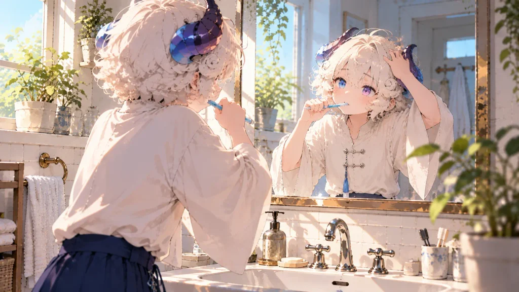 明るい洗面所で歯を磨きながら視線を動かしている人