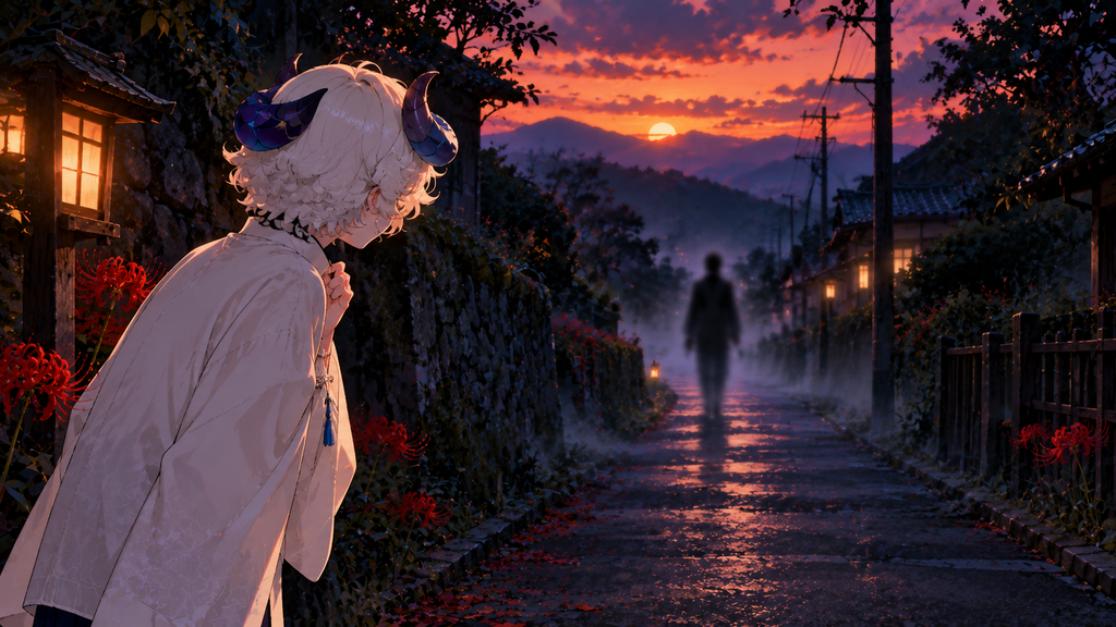 薄暗い夕方の道をこちらへ歩いてくる、顔の見えない人影