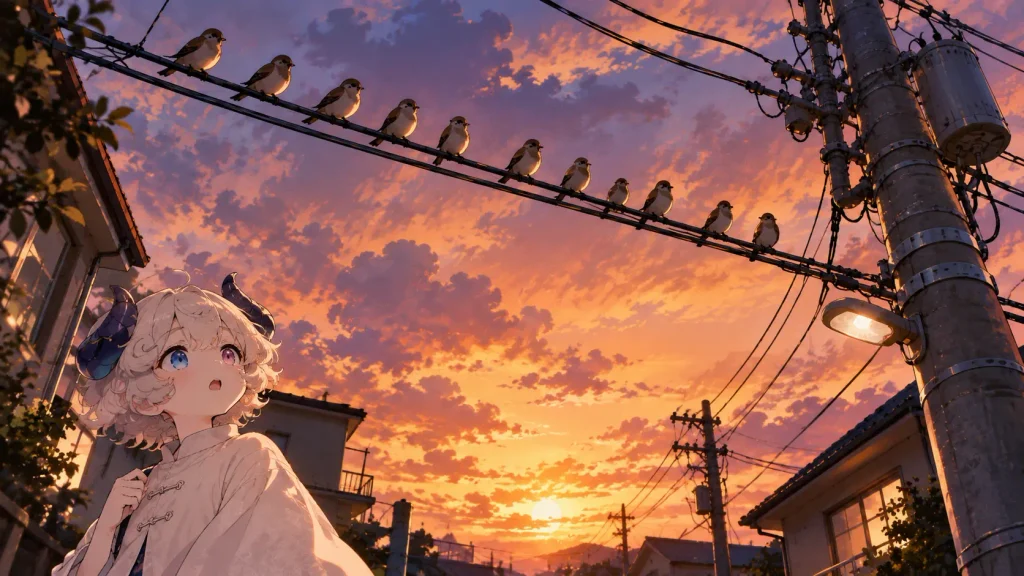 夕方の電線に横一列に並んで止まる雀の群れ