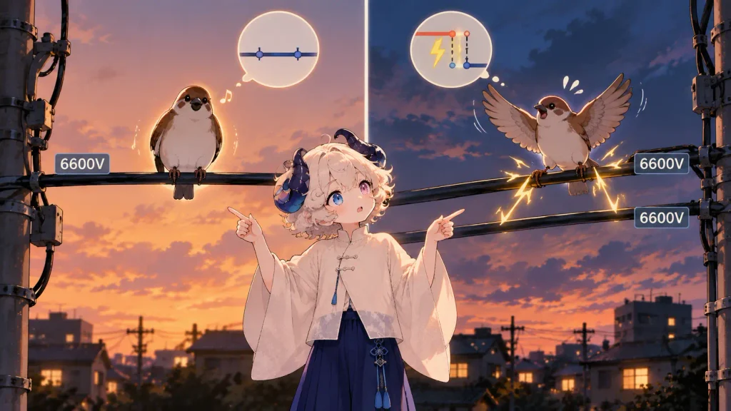 1本の電線に両足を揃えた鳥と2本の電線に足をかけた鳥を並べた比較図
