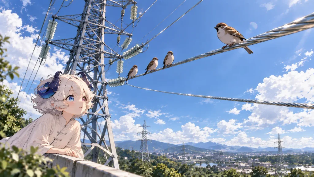 カバーのない高圧送電線に止まる鳥と鉄塔