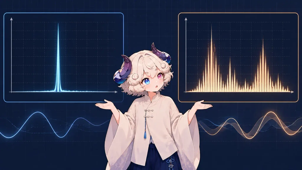 高さが1つだけの音と、たくさんの高さが重なった声のスペクトルの比較図
