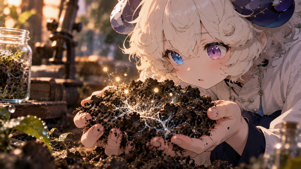 手のひらにのせた土と、その中に広がる放線菌の菌糸