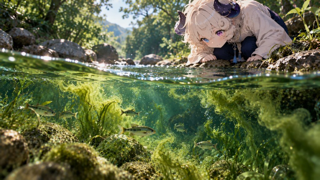 藍藻が漂う川の中を泳ぐ小魚