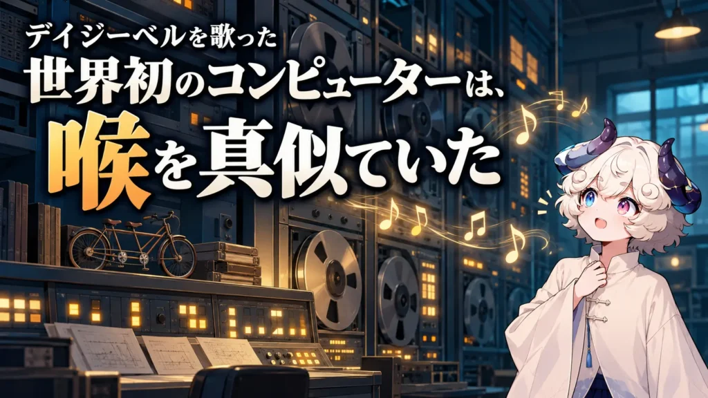 昔の大型コンピューターの部屋で、テープの回る機械から音符が出ているのを見上げる羊さん