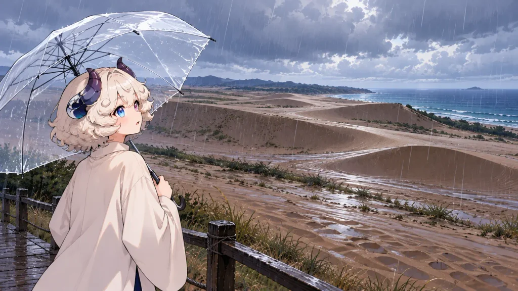 雨の降る鳥取砂丘で、傘をさして砂丘を見上げる羊さん