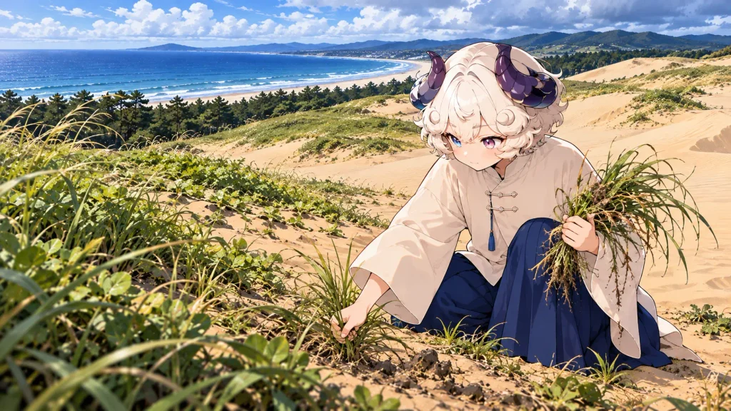 草が広がり始めた砂丘で、草を抜く羊さん