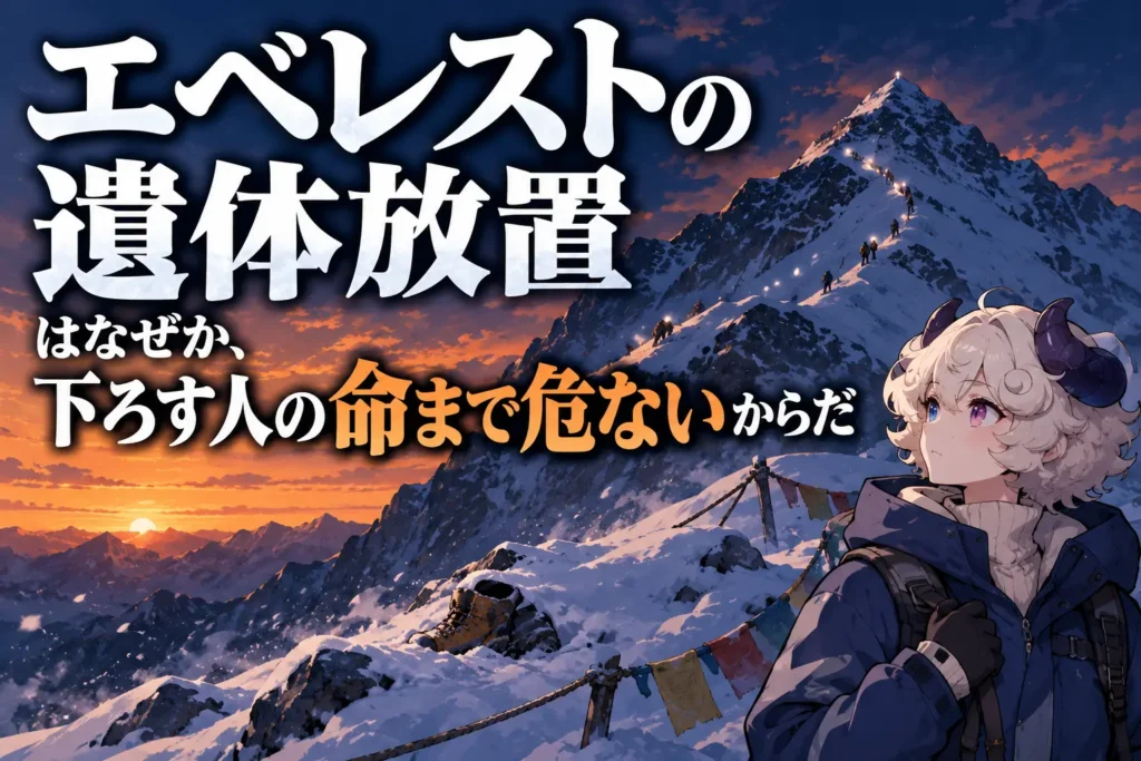 頂上へ続く登山者の列を見上げる羊さんと、雪に半分埋もれた登山靴