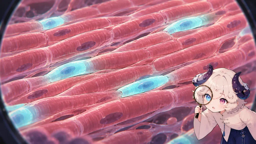 心臓の筋肉の中で一部の細胞だけが新しい色に光る様子