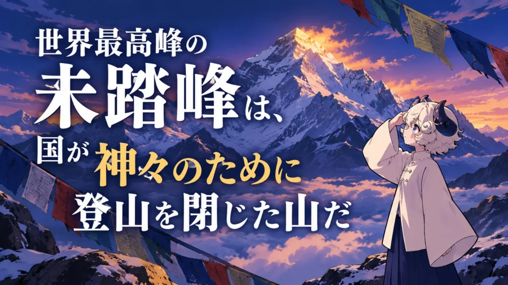 雲の上にそびえる白い山と、山を見上げる羊さん