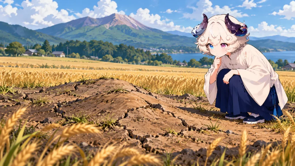 ひび割れて盛り上がり始めた麦畑と、遠くの有珠山を見ながら畑の端でしゃがむ羊さん