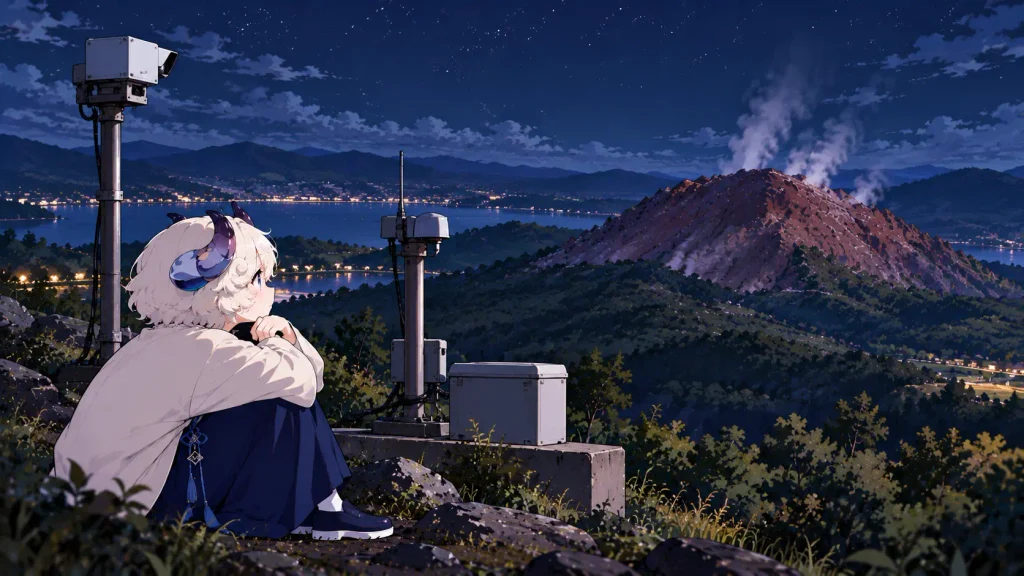 夜の山のふもとに置かれた観測機器と監視カメラのそばに座る羊さん