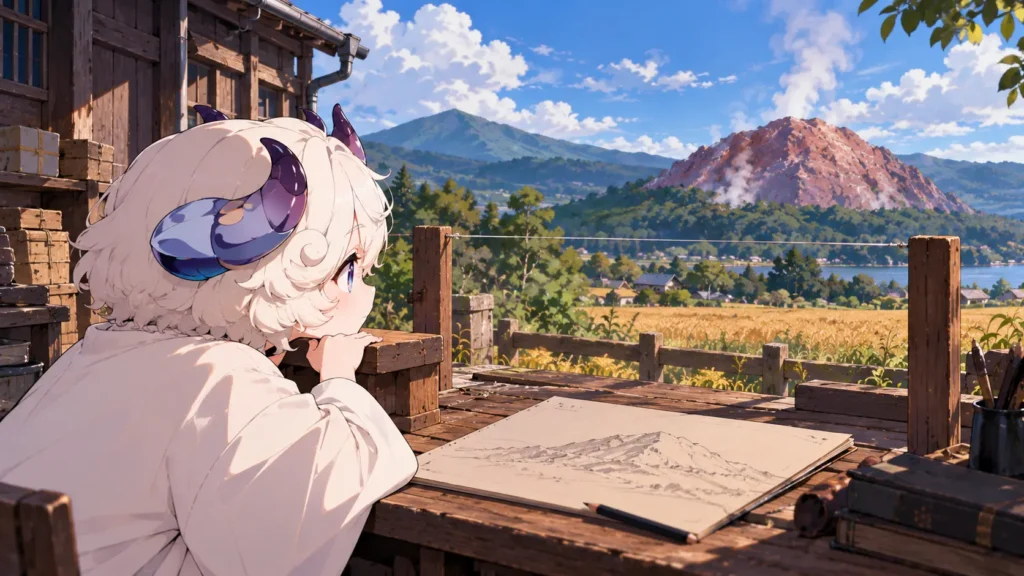 郵便局の裏で、あごを載せる台と水平に張った糸ごしに山をスケッチする机と、同じ位置から山をのぞく羊さん