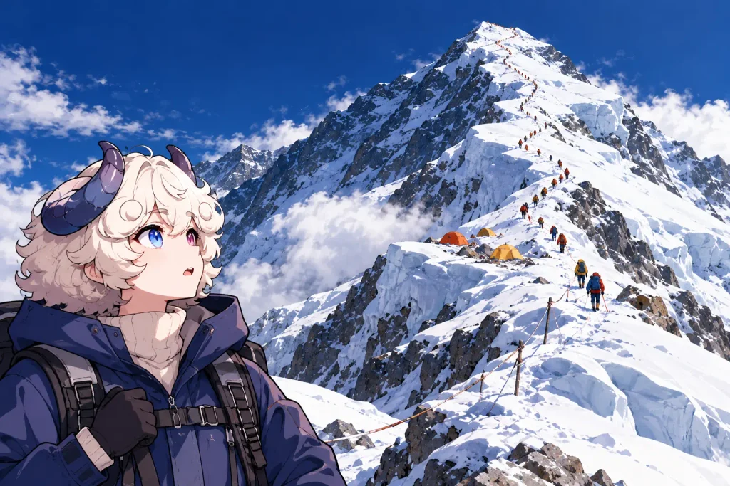 ロープに沿って頂上へ続く登山者の列を見上げる羊さん